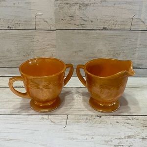 Vintage Fire King Peach Lusterware Creamer and Sugar Bowl Laurel Leaf Patter
